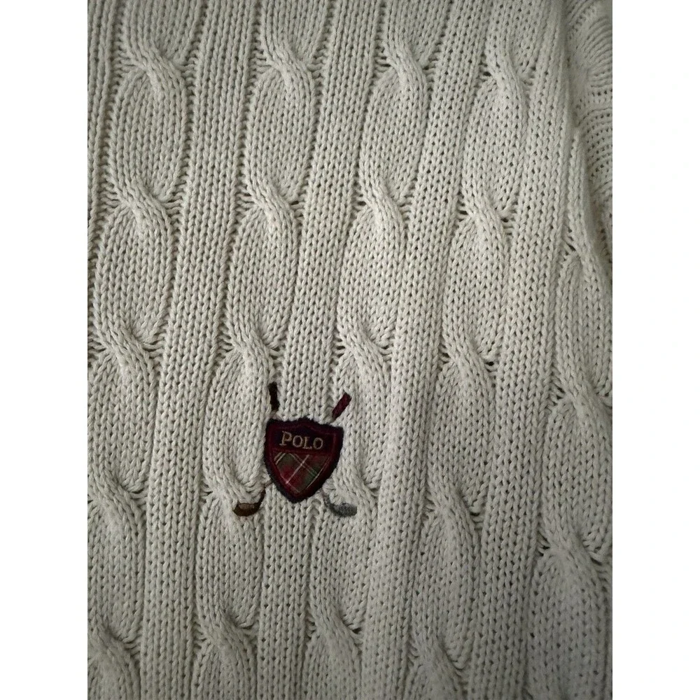 Vintage 1990s Polo Golf Ralph Lauren Cable Knit Sweater Beige XL Plaid Crest